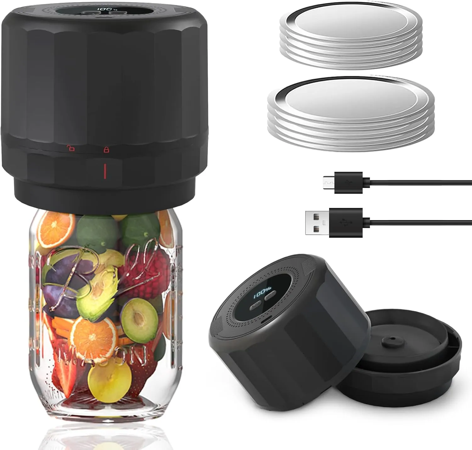 Electric Mason Jar Vacuum Sealer - Kit with Wide Mouth Lids - Canning Vacuum Sealer for Food Storage - Black