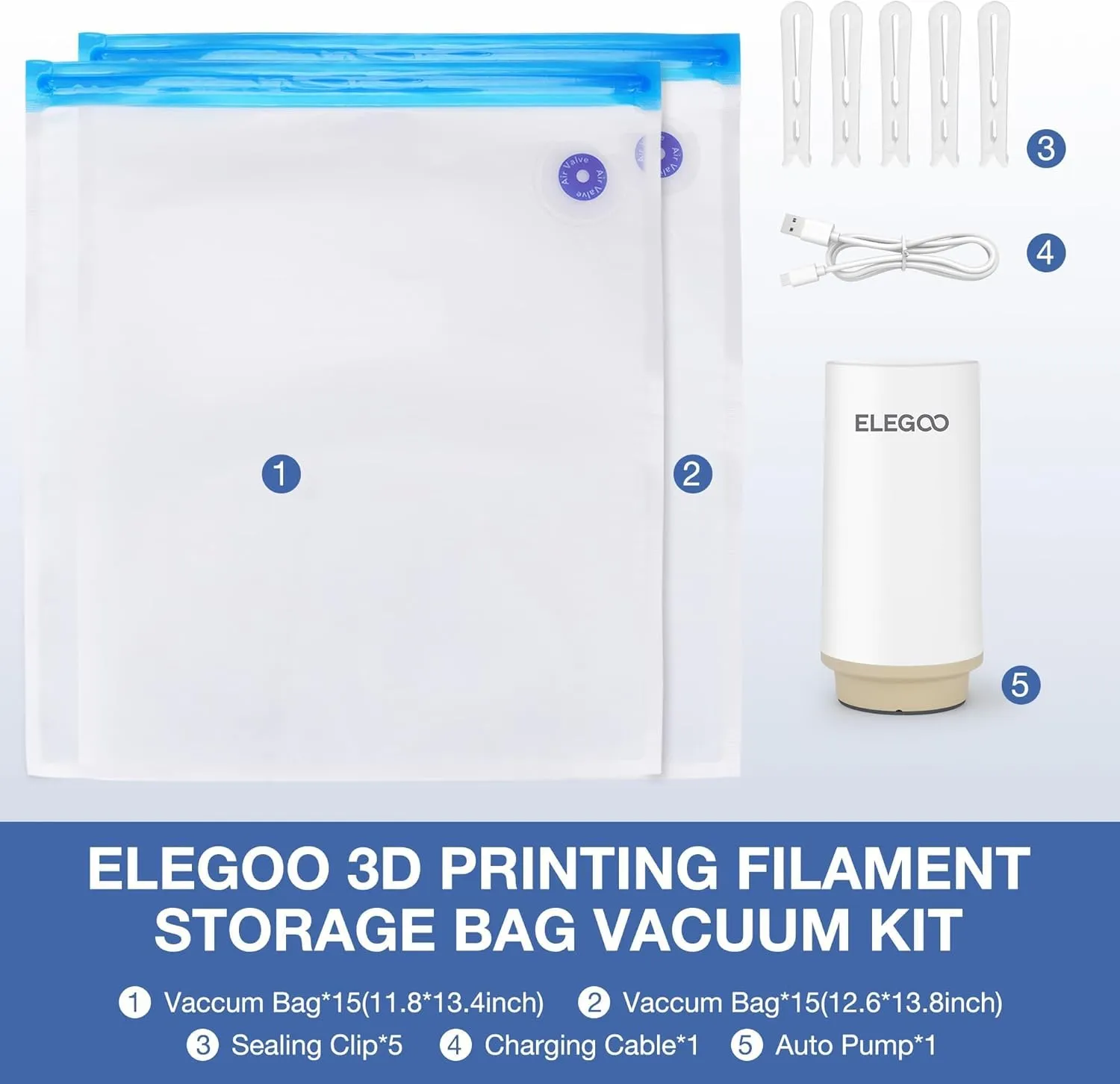 ELEGOO Filament Storage Bags Electric Pump Kit, 30 Bags in 2 Sizes Vacuum Sealed with Auto Pump Dust Proof Humidity Resistant, Perfect for 3D Printer Filament Storage and Keep Filament Dry