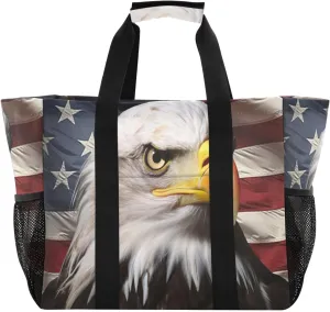 Emelivor Vintage Usa Flag Hawk Large Tote Bag Canvas Travel Beach Tote Bag Shoulder Grocery Bags Foldable Handbags PoolBag for Women Men Work Daily Shopping
