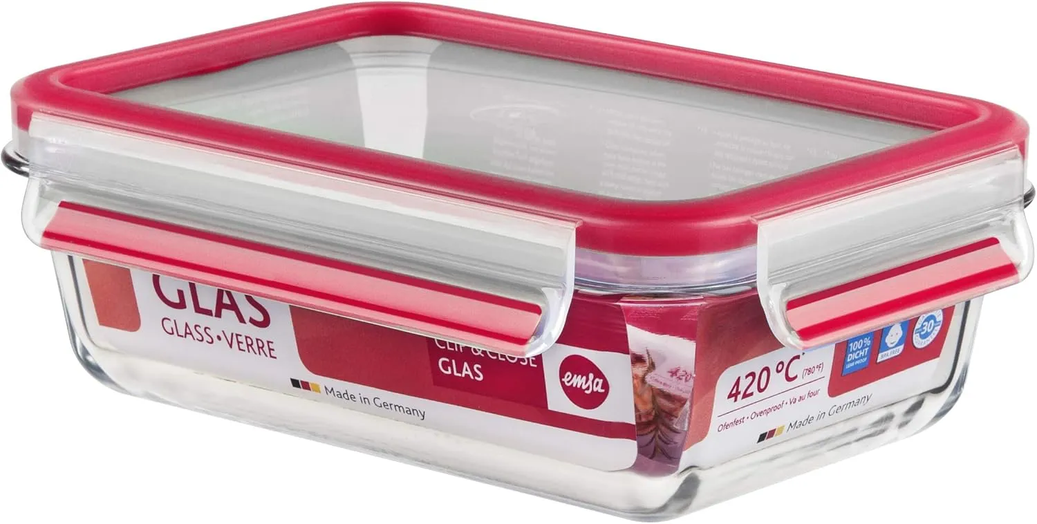 Emsa 0.7 Litre Clip & Close Rectangular Fresh Holding Box, Transparent/Red, 35 x 25 x 10 cm