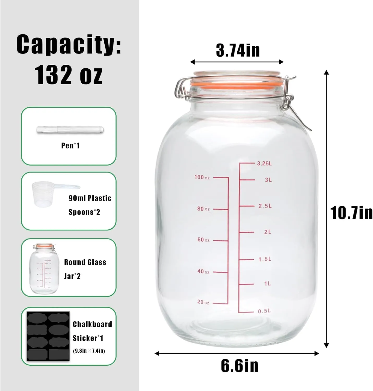 Encheng 1-Gallon Round Glass Storage Jars with Hinged Lids,Extra Wide Mouth Glass Canning Jars with Scoop and Measurement Marks,Large Glass Containers for Fermenting,Pasta,Pickles,Sun Tea