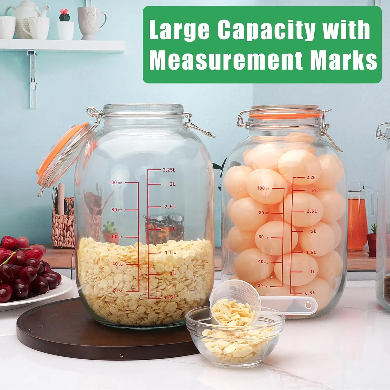 Encheng 1-Gallon Round Glass Storage Jars with Hinged Lids,Extra Wide Mouth Glass Canning Jars with Scoop and Measurement Marks,Large Glass Containers for Fermenting,Pasta,Pickles,Sun Tea