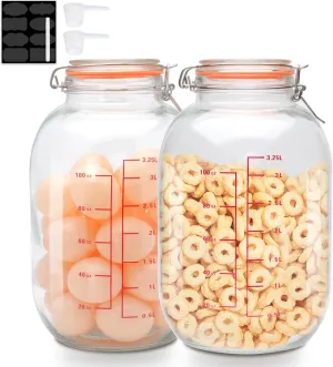 Encheng 1-Gallon Round Glass Storage Jars with Hinged Lids,Extra Wide Mouth Glass Canning Jars with Scoop and Measurement Marks,Large Glass Containers for Fermenting,Pasta,Pickles,Sun Tea