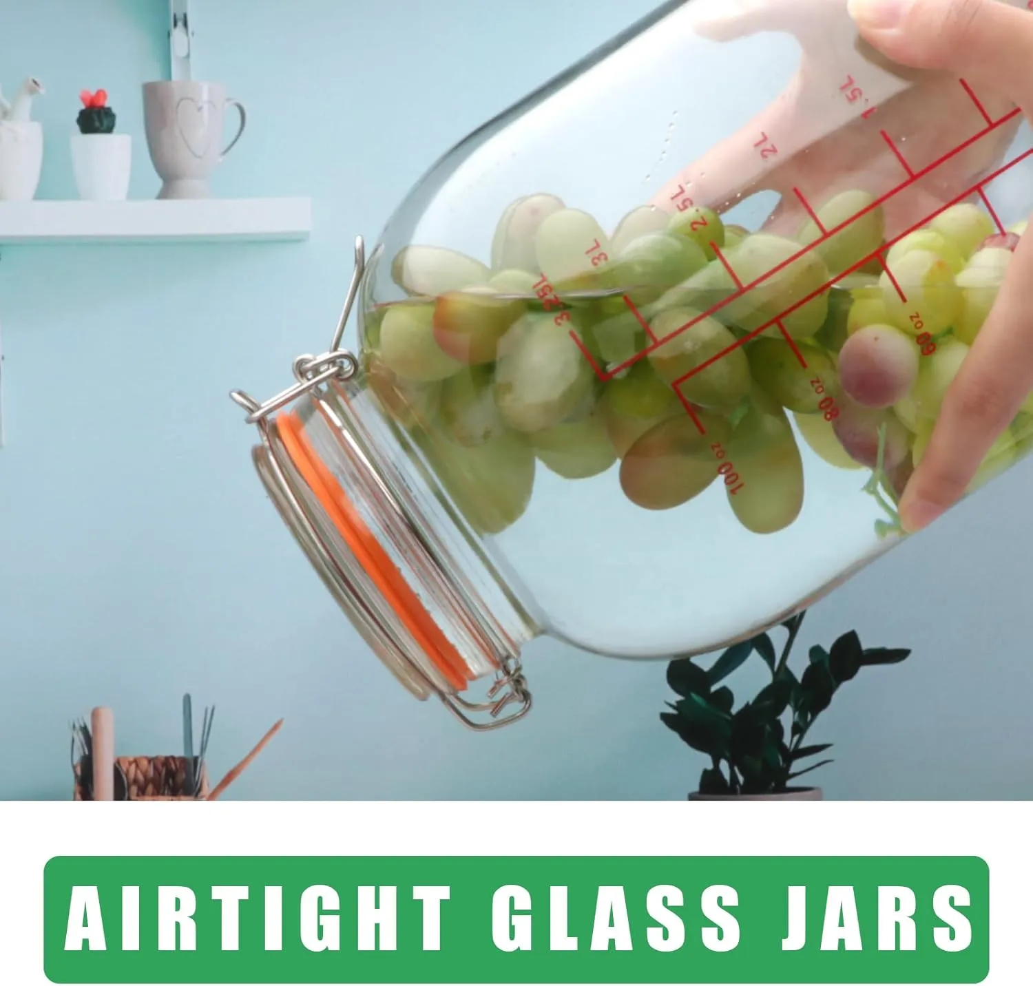 Encheng 1-Gallon Round Glass Storage Jars with Hinged Lids,Extra Wide Mouth Glass Canning Jars with Scoop and Measurement Marks,Large Glass Containers for Fermenting,Pasta,Pickles,Sun Tea