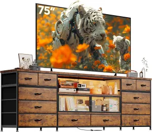 EnHomee 71" W TV Stand for Bedroom for 85/80/75 Inch TV with LED & Charging Station, Sturdy Long Dresser with 12 Fabric Drawer & Mesh Door & Open Shelf, Large TV Console for Bedroom, Rustic Brown