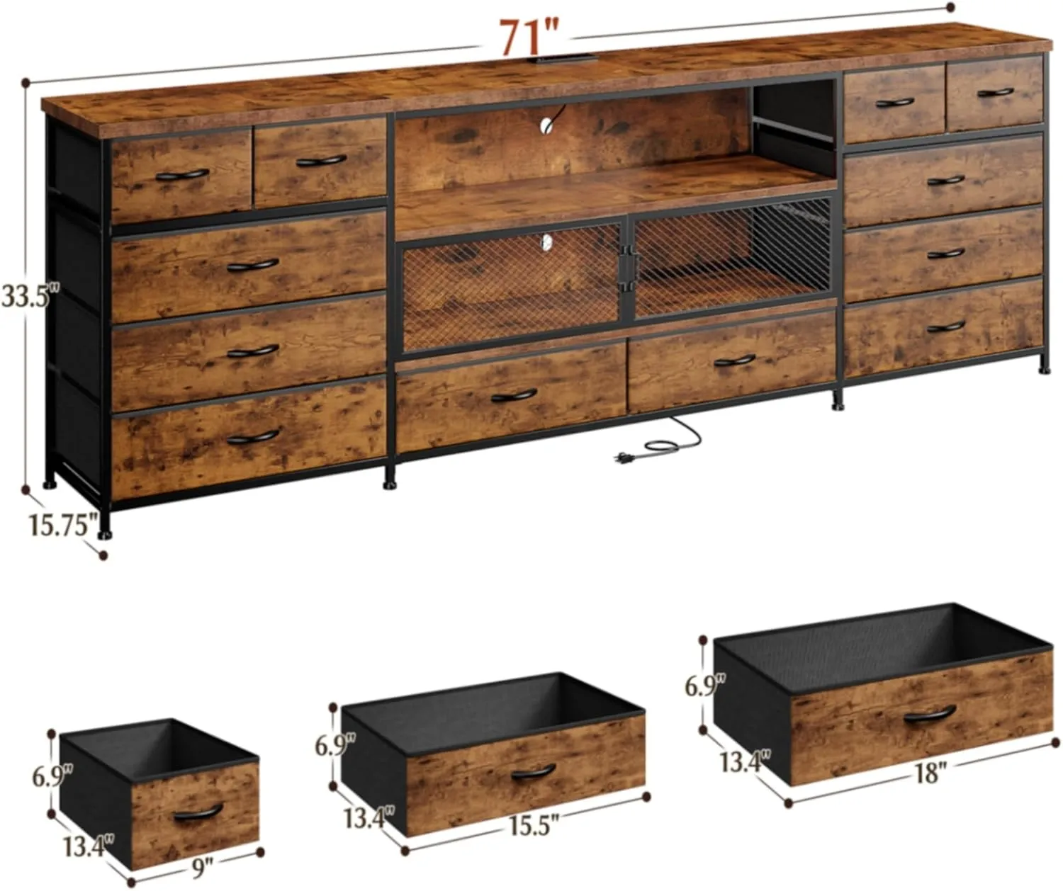 EnHomee 71" W TV Stand for Bedroom for 85/80/75 Inch TV with LED & Charging Station, Sturdy Long Dresser with 12 Fabric Drawer & Mesh Door & Open Shelf, Large TV Console for Bedroom, Rustic Brown