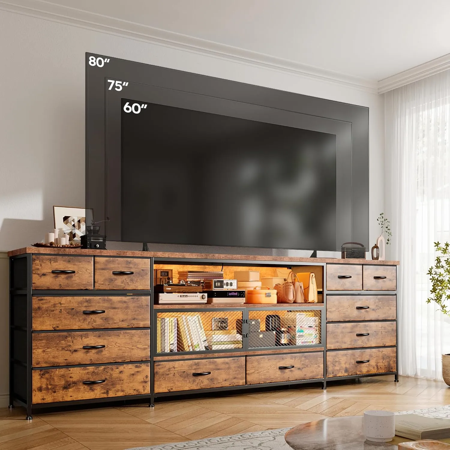 EnHomee 71" W TV Stand for Bedroom for 85/80/75 Inch TV with LED & Charging Station, Sturdy Long Dresser with 12 Fabric Drawer & Mesh Door & Open Shelf, Large TV Console for Bedroom, Rustic Brown