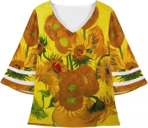 ENLACHIC Women's Van Gogh Print V Neck Mesh Panel Chiffon Blouse 3/4 Bell Sleeve Loose Top Shirt