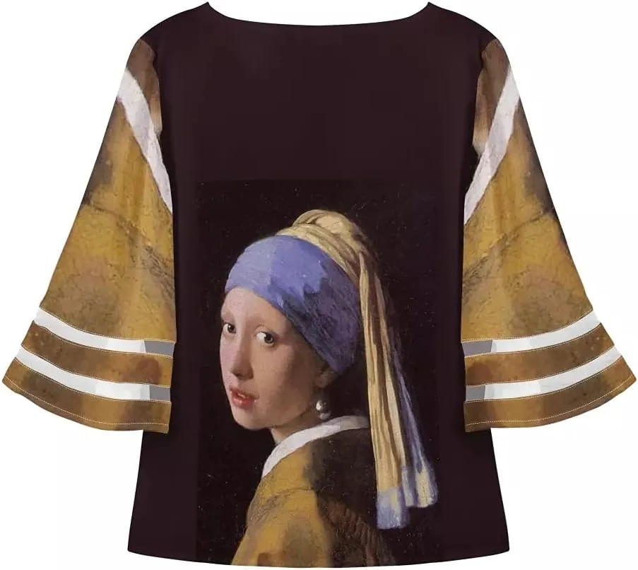 ENLACHIC Women's Van Gogh Print V Neck Mesh Panel Chiffon Blouse 3/4 Bell Sleeve Loose Top Shirt