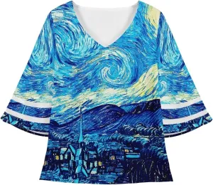 ENLACHIC Women's Van Gogh Print V Neck Mesh Panel Chiffon Blouse 3/4 Bell Sleeve Loose Top Shirt