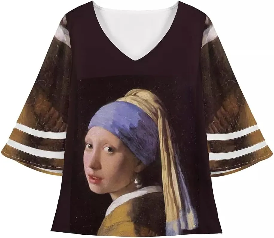 ENLACHIC Women's Van Gogh Print V Neck Mesh Panel Chiffon Blouse 3/4 Bell Sleeve Loose Top Shirt