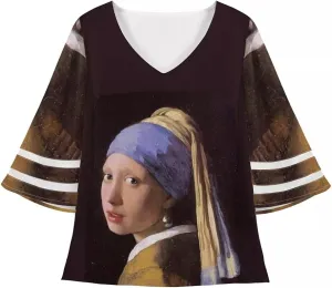 ENLACHIC Women's Van Gogh Print V Neck Mesh Panel Chiffon Blouse 3/4 Bell Sleeve Loose Top Shirt