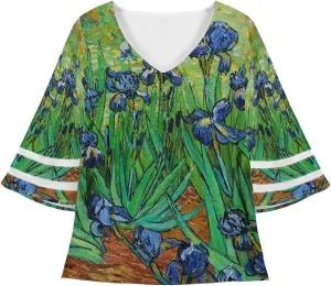 ENLACHIC Women's Van Gogh Print V Neck Mesh Panel Chiffon Blouse 3/4 Bell Sleeve Loose Top Shirt