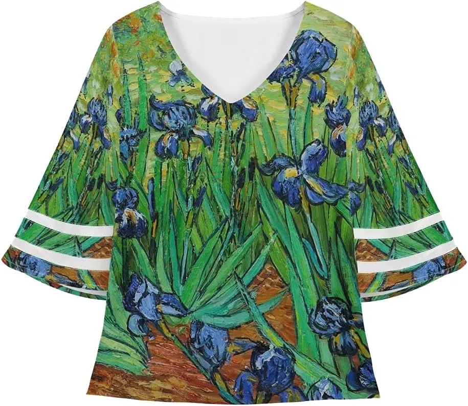 ENLACHIC Women's Van Gogh Print V Neck Mesh Panel Chiffon Blouse 3/4 Bell Sleeve Loose Top Shirt