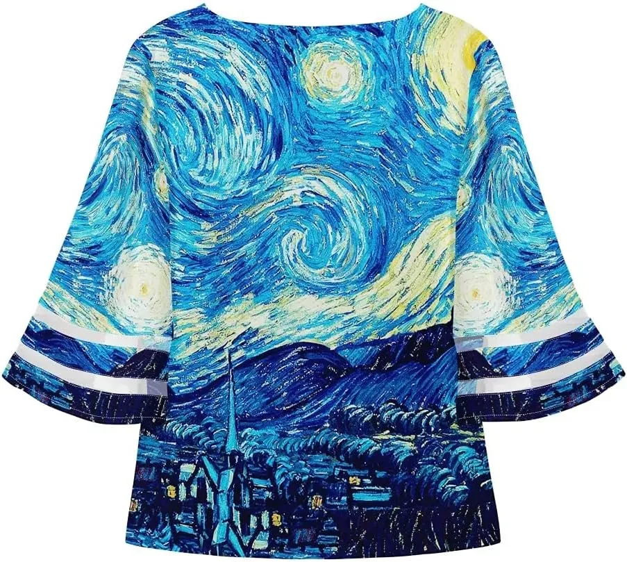 ENLACHIC Women's Van Gogh Print V Neck Mesh Panel Chiffon Blouse 3/4 Bell Sleeve Loose Top Shirt
