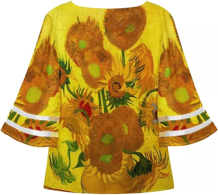 ENLACHIC Women's Van Gogh Print V Neck Mesh Panel Chiffon Blouse 3/4 Bell Sleeve Loose Top Shirt
