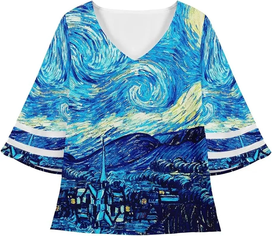 ENLACHIC Women's Van Gogh Print V Neck Mesh Panel Chiffon Blouse 3/4 Bell Sleeve Loose Top Shirt