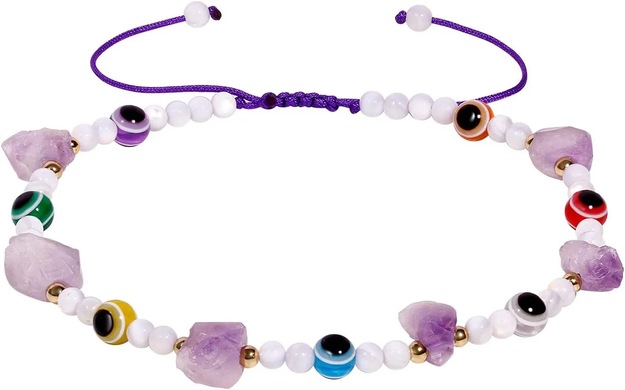 Evil Eye Anklet White Shell Raw Amethyst Stone Reiki Beach Foot Jewelry Crystals Handmade Ankle Bracelets for Women Adjustable