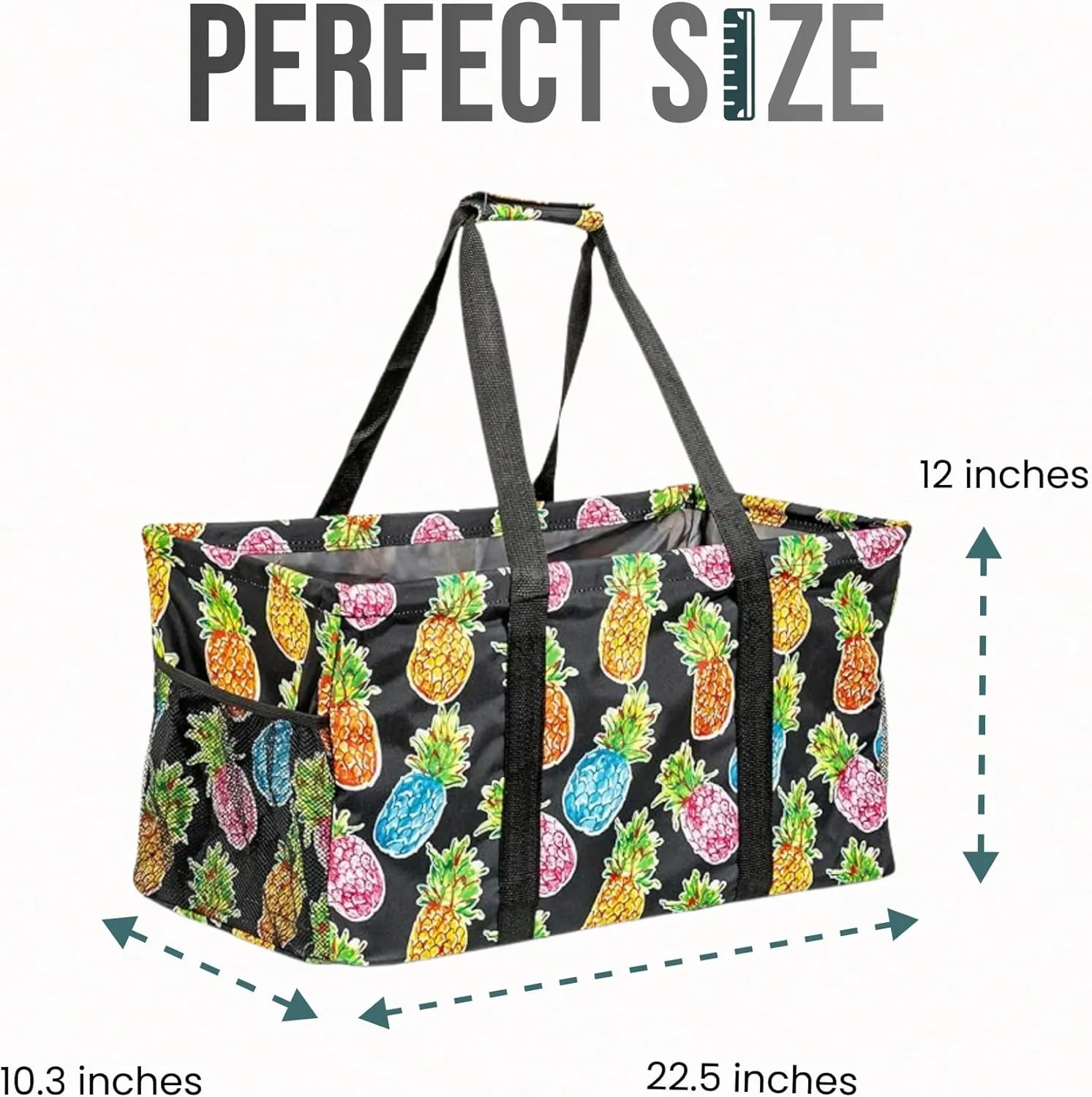 Extra Large Utility Tote Bag - Oversized Collapsible Reusable Wire Frame Rectangular Canvas Basket With Two Exterior Pockets For Beach, Pool, Laundry, Car Trunk, Storage - Pineapple