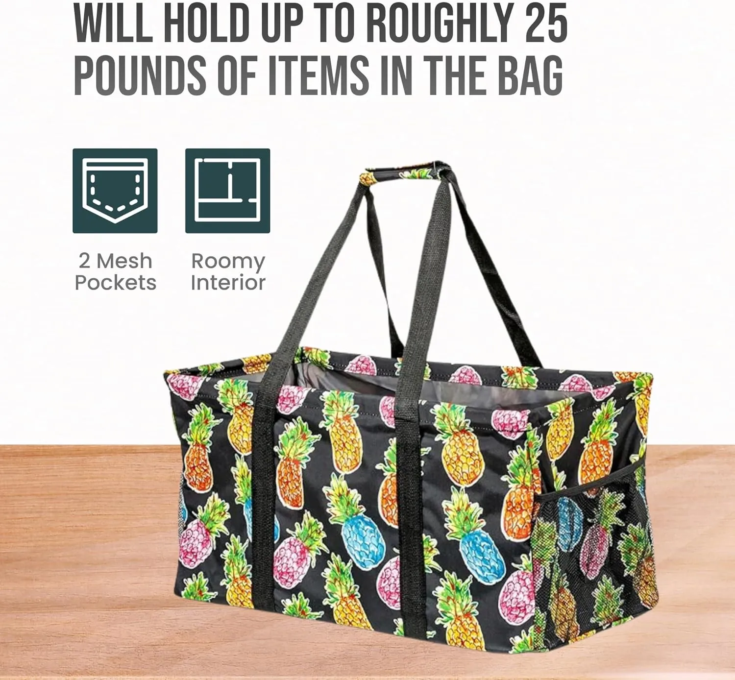 Extra Large Utility Tote Bag - Oversized Collapsible Reusable Wire Frame Rectangular Canvas Basket With Two Exterior Pockets For Beach, Pool, Laundry, Car Trunk, Storage - Pineapple