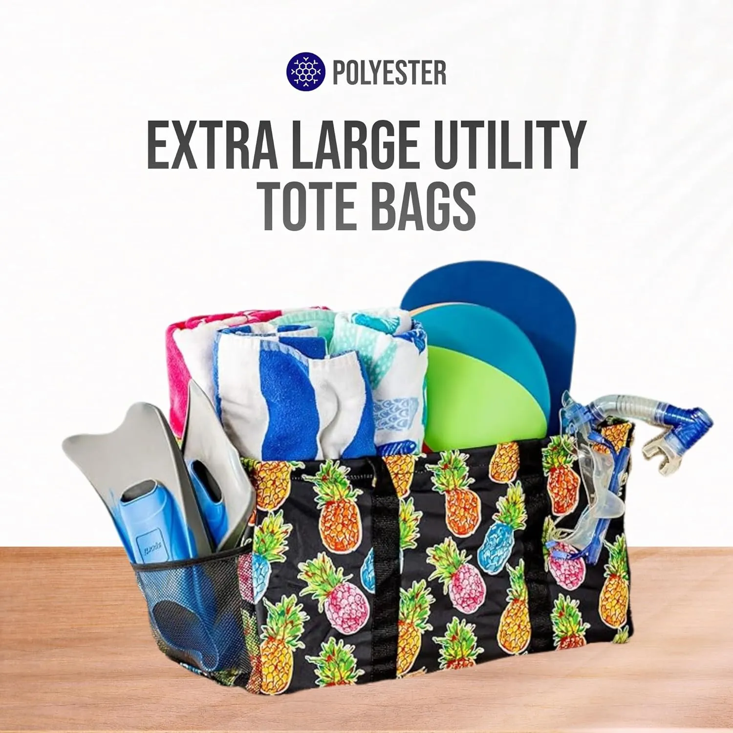 Extra Large Utility Tote Bag - Oversized Collapsible Reusable Wire Frame Rectangular Canvas Basket With Two Exterior Pockets For Beach, Pool, Laundry, Car Trunk, Storage - Pineapple