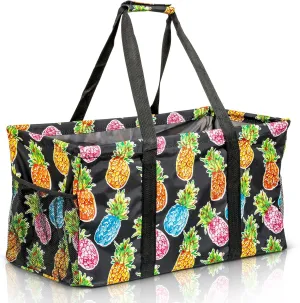 Extra Large Utility Tote Bag - Oversized Collapsible Reusable Wire Frame Rectangular Canvas Basket With Two Exterior Pockets For Beach, Pool, Laundry, Car Trunk, Storage - Pineapple