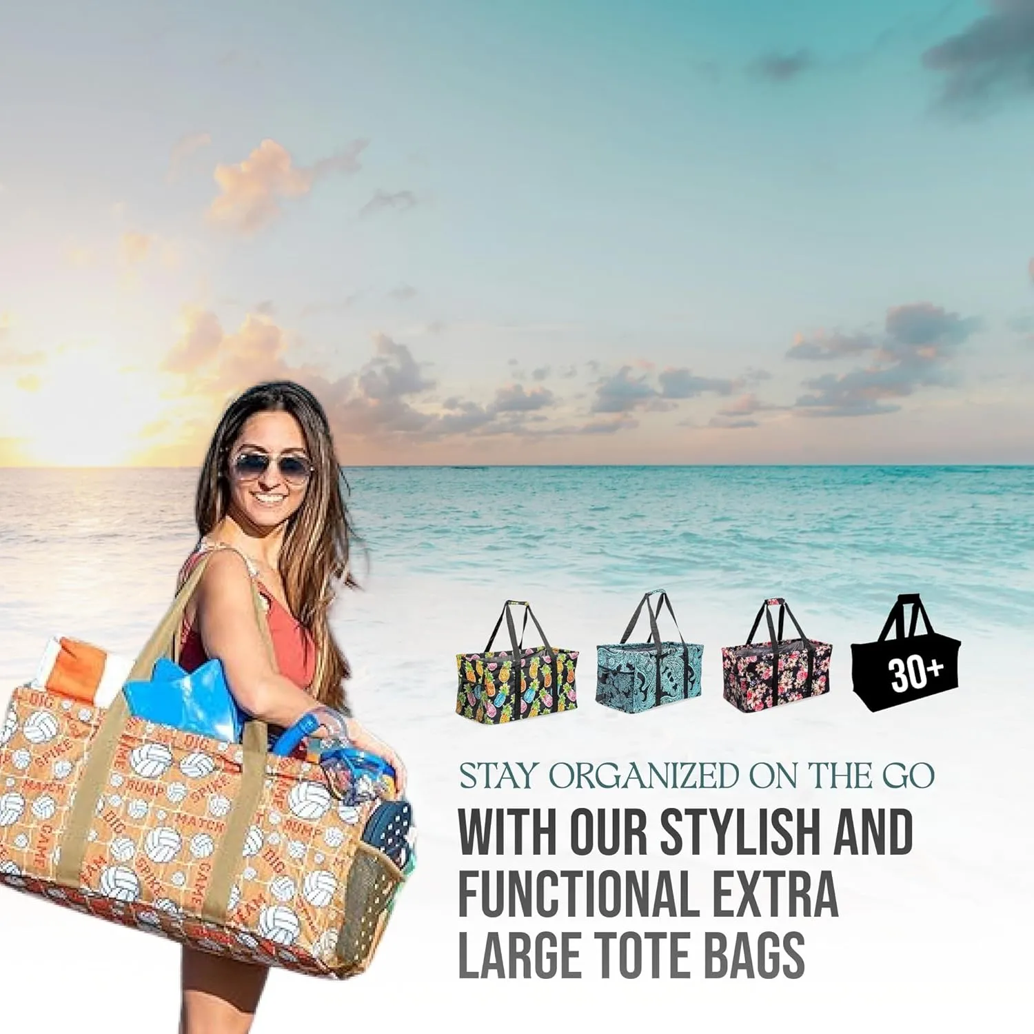 Extra Large Utility Tote Bag - Oversized Collapsible Reusable Wire Frame Rectangular Canvas Basket With Two Exterior Pockets For Beach, Pool, Laundry, Car Trunk, Storage - Pineapple