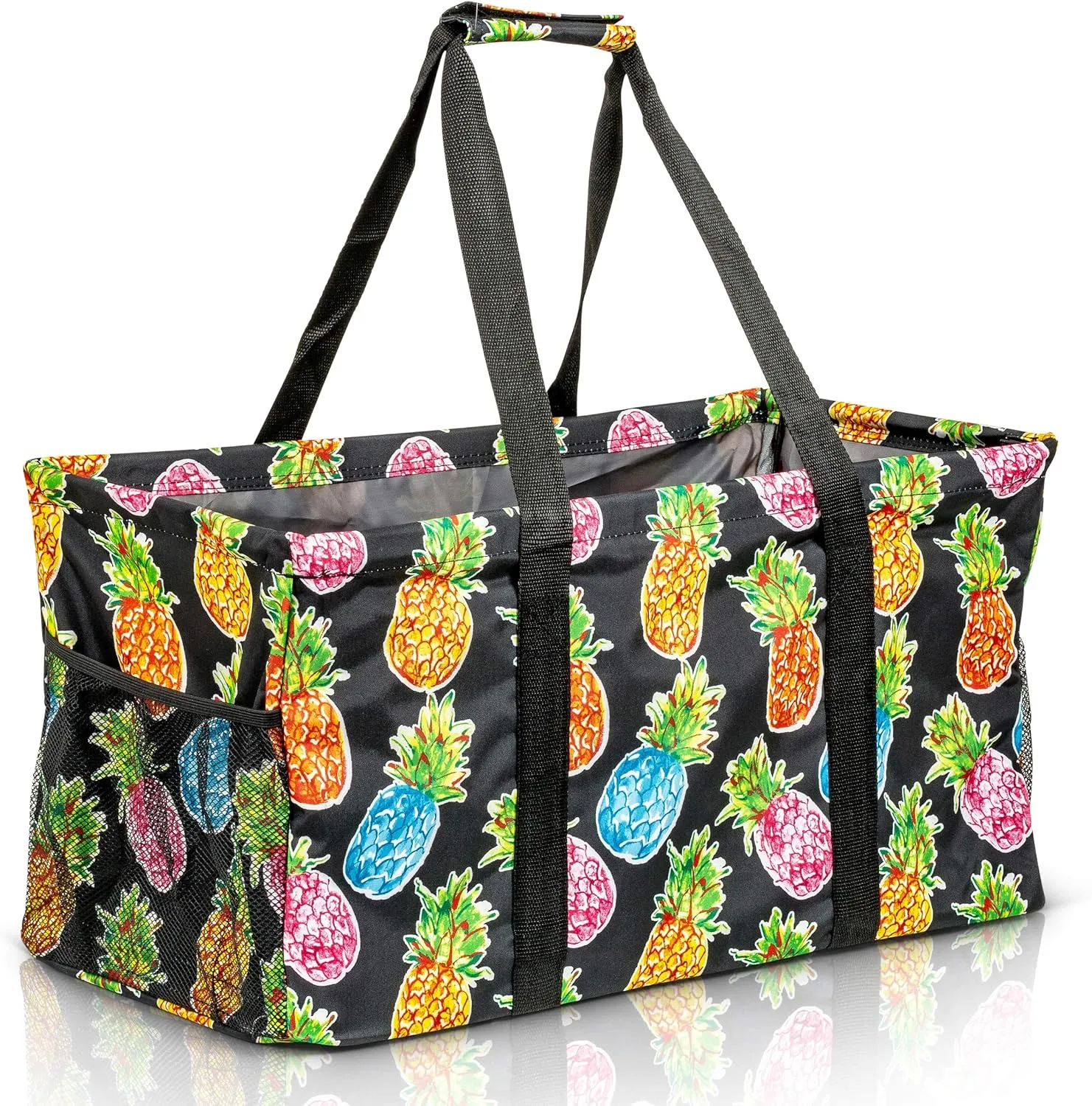 Extra Large Utility Tote Bag - Oversized Collapsible Reusable Wire Frame Rectangular Canvas Basket With Two Exterior Pockets For Beach, Pool, Laundry, Car Trunk, Storage - Pineapple