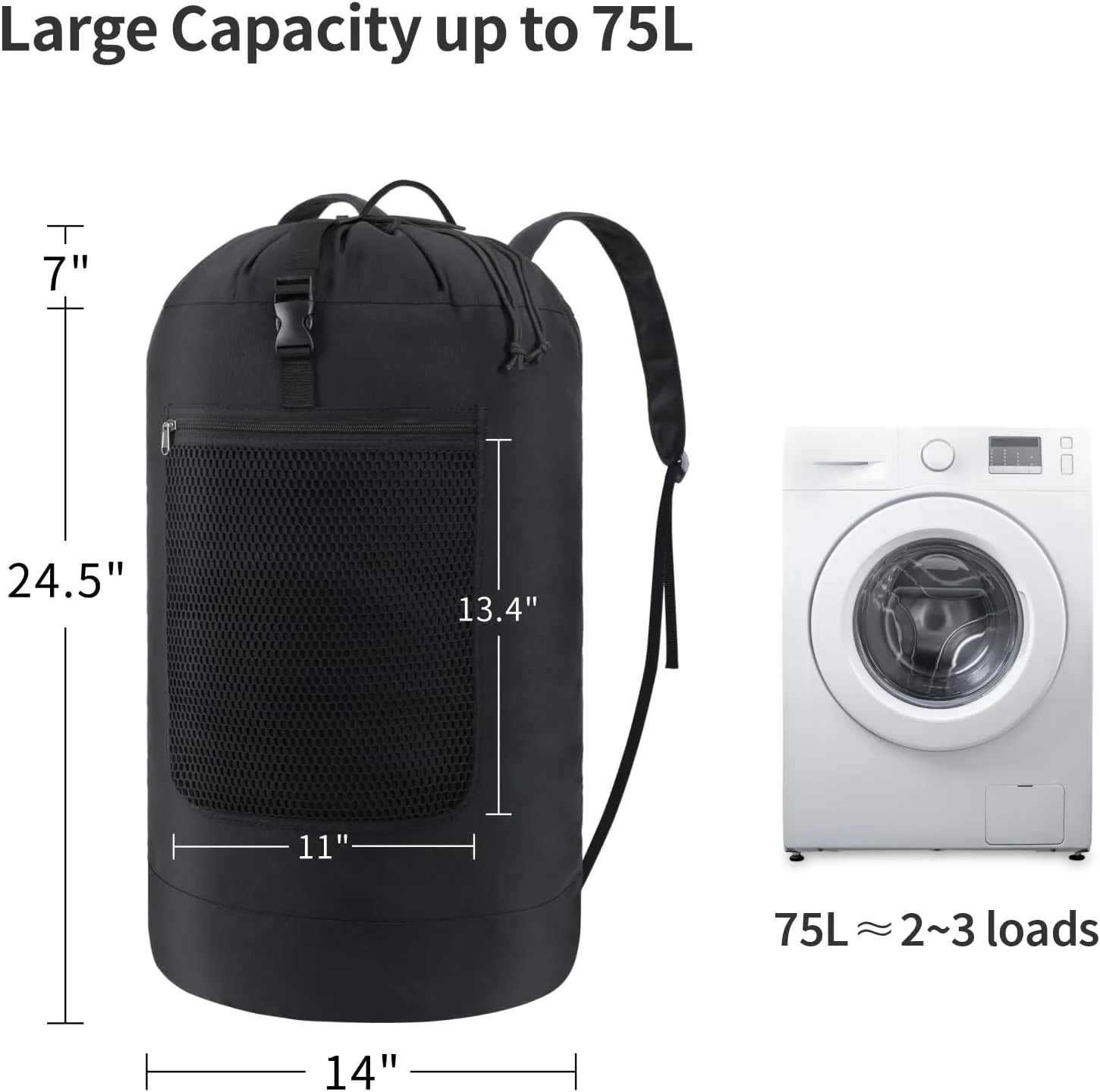 F-color Laundry Bag Backpack Heavy Duty - Large Capacity Laundry Backpack with Comfort Straps, Mesh and Zip Pocket, Sturdy Hamper Bag for Dorm, College, Travel, Laundromat, Apartment, 75L Black