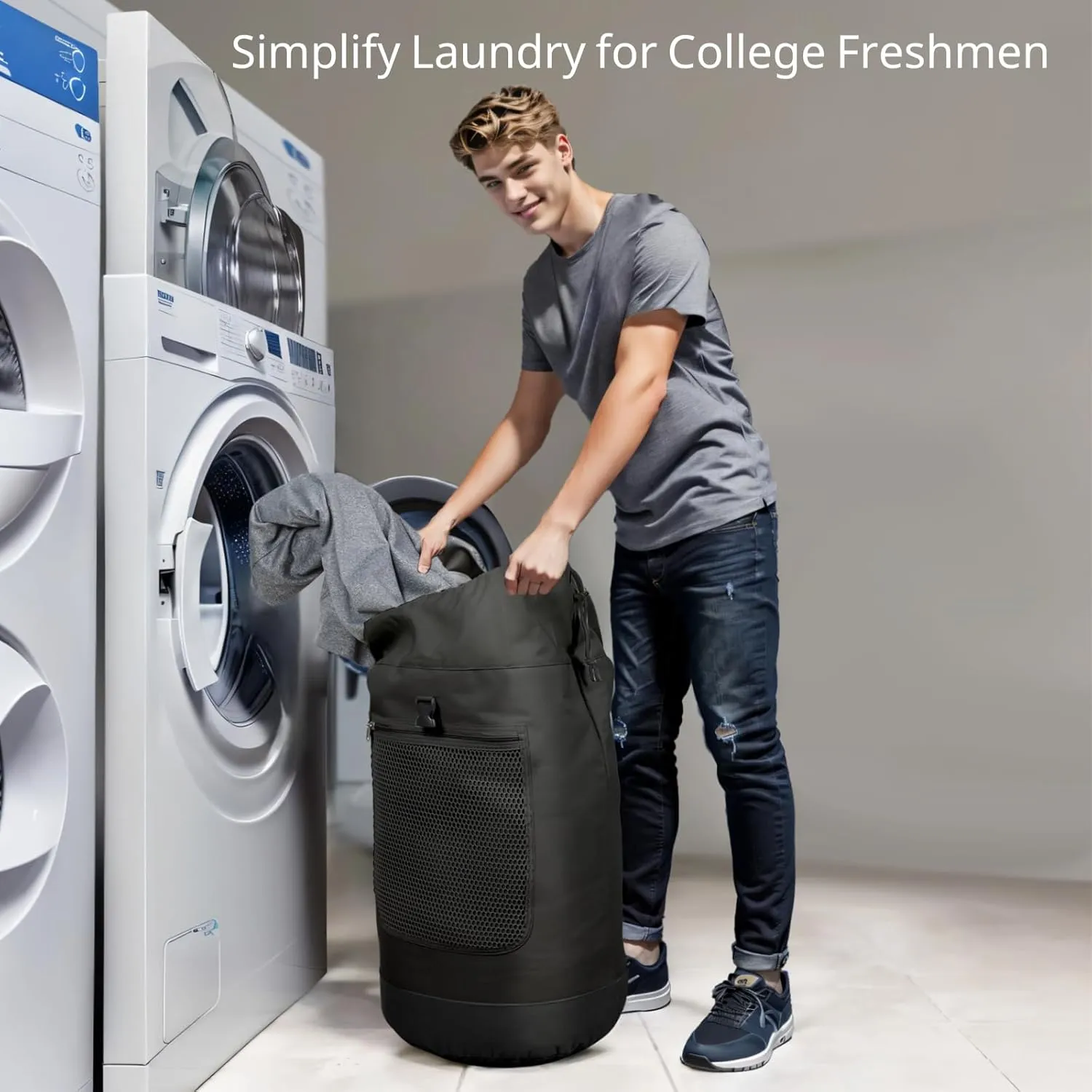 F-color Laundry Bag Backpack Heavy Duty - Large Capacity Laundry Backpack with Comfort Straps, Mesh and Zip Pocket, Sturdy Hamper Bag for Dorm, College, Travel, Laundromat, Apartment, 75L Black