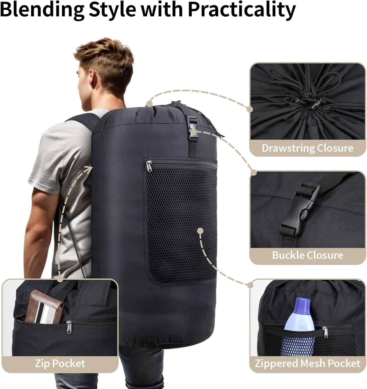 F-color Laundry Bag Backpack Heavy Duty - Large Capacity Laundry Backpack with Comfort Straps, Mesh and Zip Pocket, Sturdy Hamper Bag for Dorm, College, Travel, Laundromat, Apartment, 75L Black