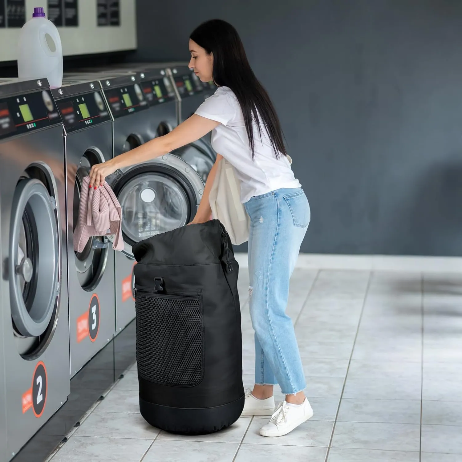 F-color Laundry Bag Backpack Heavy Duty - Large Capacity Laundry Backpack with Comfort Straps, Mesh and Zip Pocket, Sturdy Hamper Bag for Dorm, College, Travel, Laundromat, Apartment, 75L Black