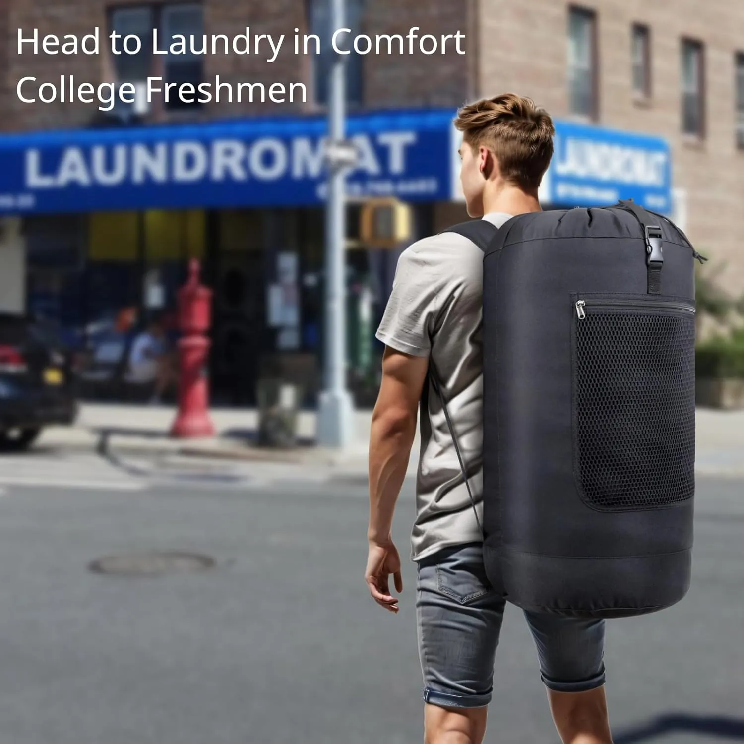 F-color Laundry Bag Backpack Heavy Duty - Large Capacity Laundry Backpack with Comfort Straps, Mesh and Zip Pocket, Sturdy Hamper Bag for Dorm, College, Travel, Laundromat, Apartment, 75L Black