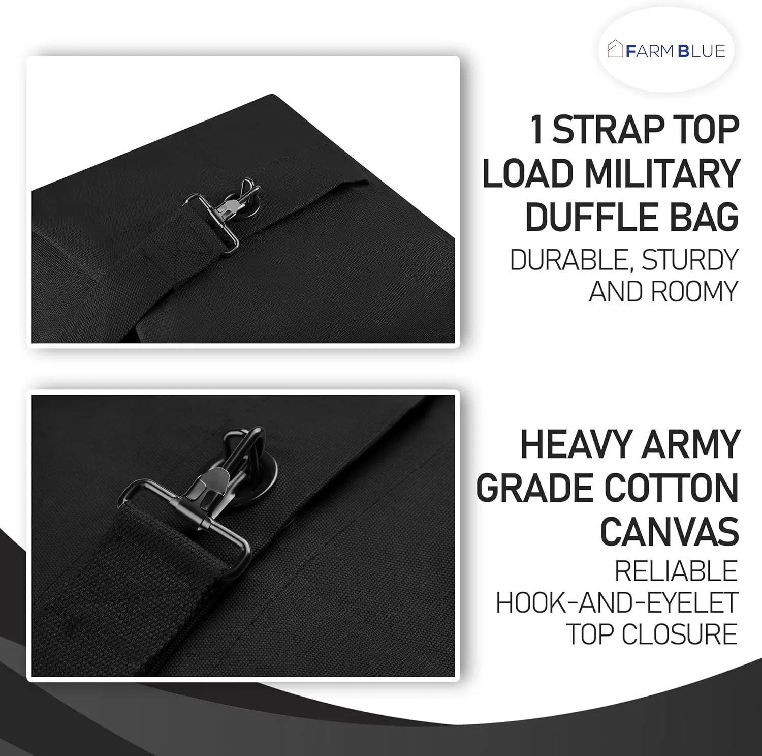 Farm Blue Top Load Duffle Bag -Military Duffel Bags - Heavy Duty Army Grade Cotton Canvas Duffel Bags For Men Women & Students - Front Loading Tactical Gear Sack - 21" x 36" - Black