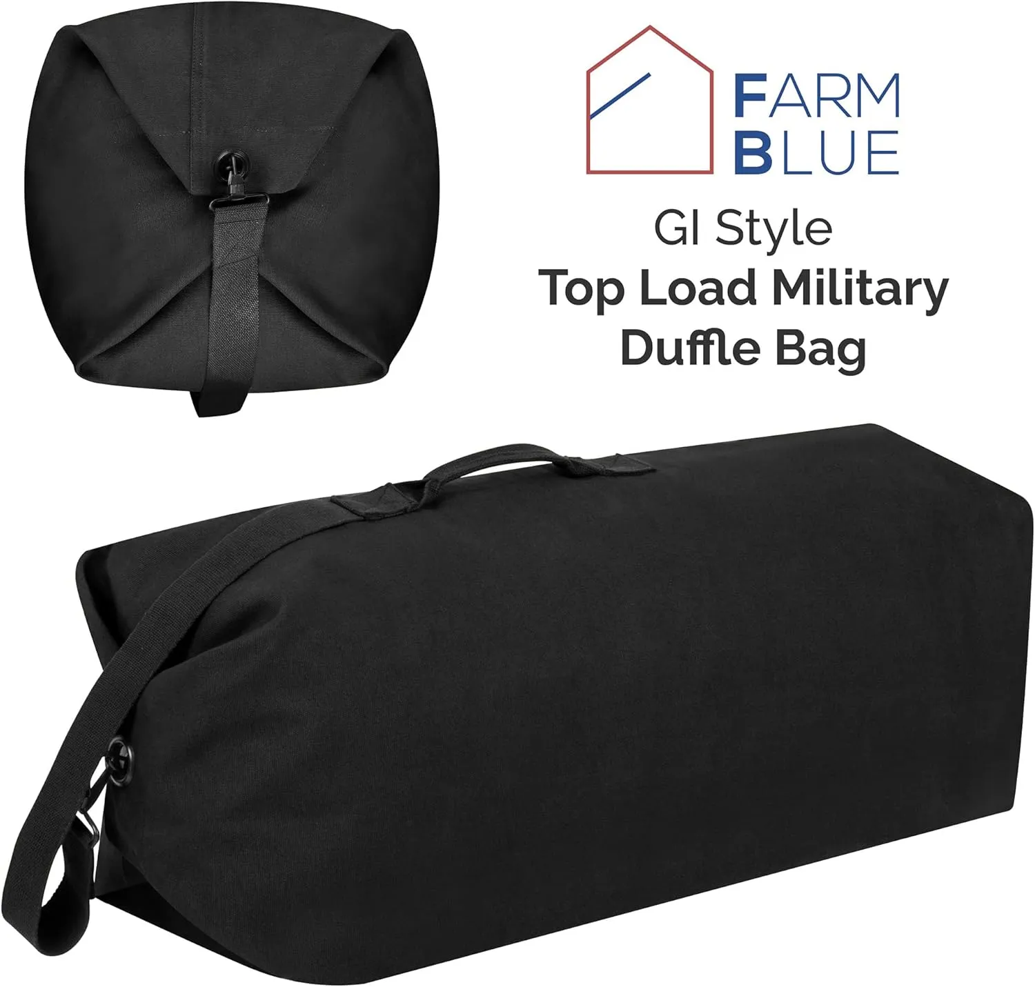 Farm Blue Top Load Duffle Bag -Military Duffel Bags - Heavy Duty Army Grade Cotton Canvas Duffel Bags For Men Women & Students - Front Loading Tactical Gear Sack - 21" x 36" - Black