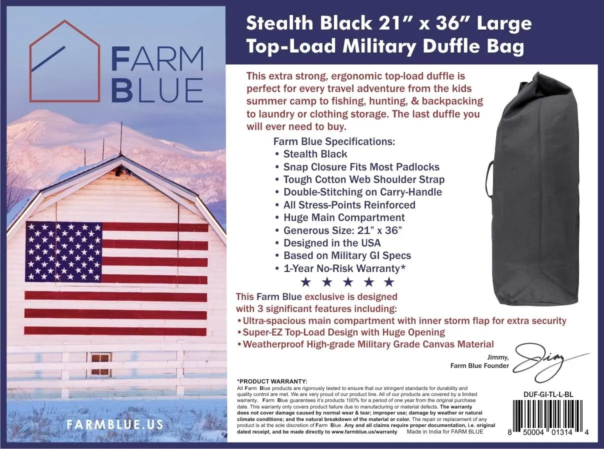 Farm Blue Top Load Duffle Bag -Military Duffel Bags - Heavy Duty Army Grade Cotton Canvas Duffel Bags For Men Women & Students - Front Loading Tactical Gear Sack - 21" x 36" - Black