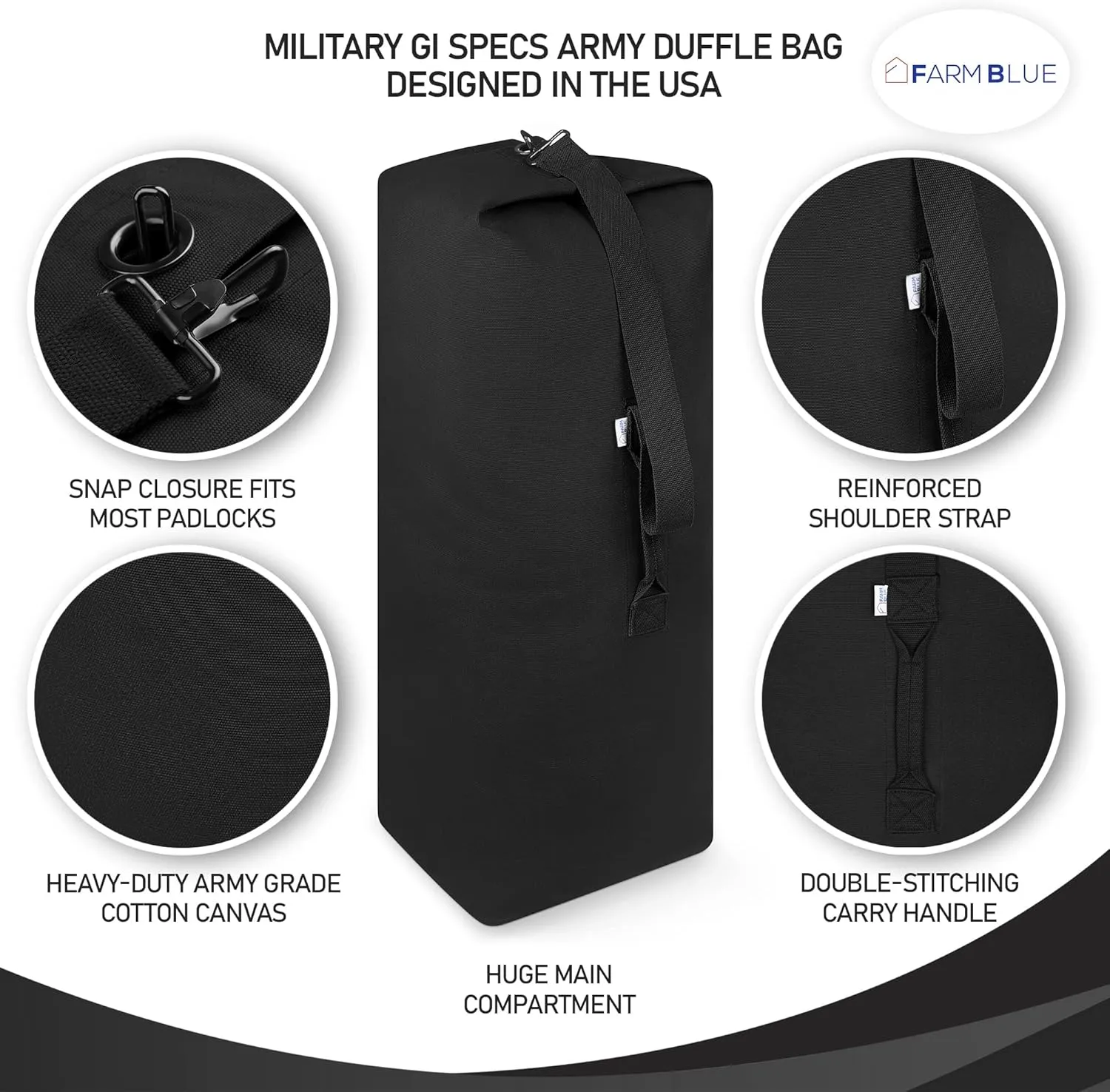 Farm Blue Top Load Duffle Bag -Military Duffel Bags - Heavy Duty Army Grade Cotton Canvas Duffel Bags For Men Women & Students - Front Loading Tactical Gear Sack - 21" x 36" - Black