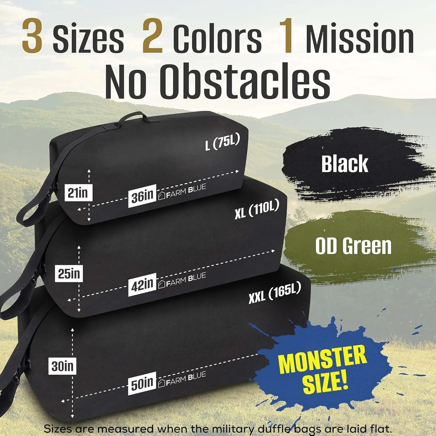 Farm Blue Top Load Duffle Bag -Military Duffel Bags - Heavy Duty Army Grade Cotton Canvas Duffel Bags For Men Women & Students - Front Loading Tactical Gear Sack - 21" x 36" - Black