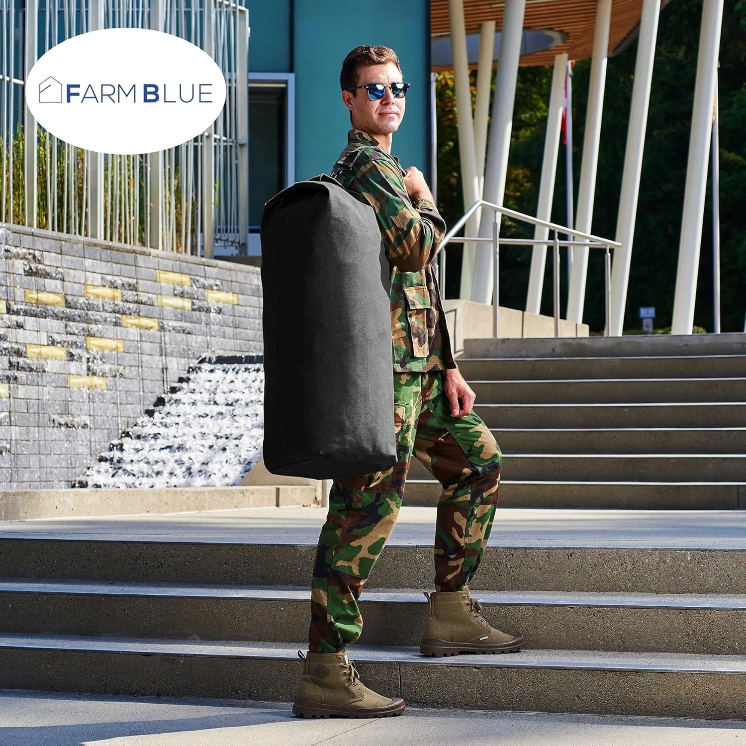 Farm Blue Top Load Duffle Bag -Military Duffel Bags - Heavy Duty Army Grade Cotton Canvas Duffel Bags For Men Women & Students - Front Loading Tactical Gear Sack - 21" x 36" - Black