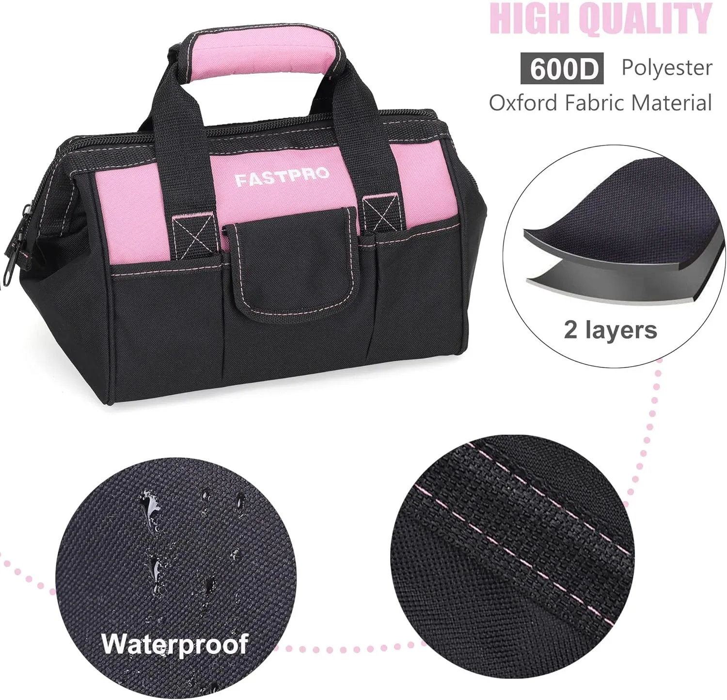 FASTPRO 12-Inch Pink Tool Bag,Zip-top Wide Mouth Open Storage, 600D Polyester Fabric Material for Quality Endurance
