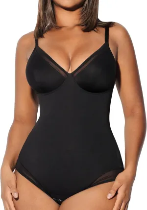 FeelinGirl Shapewear Bodysuits for Women Tummy Control Mesh Slimmer Body Suits Deep V Neck Body Shaper 2024