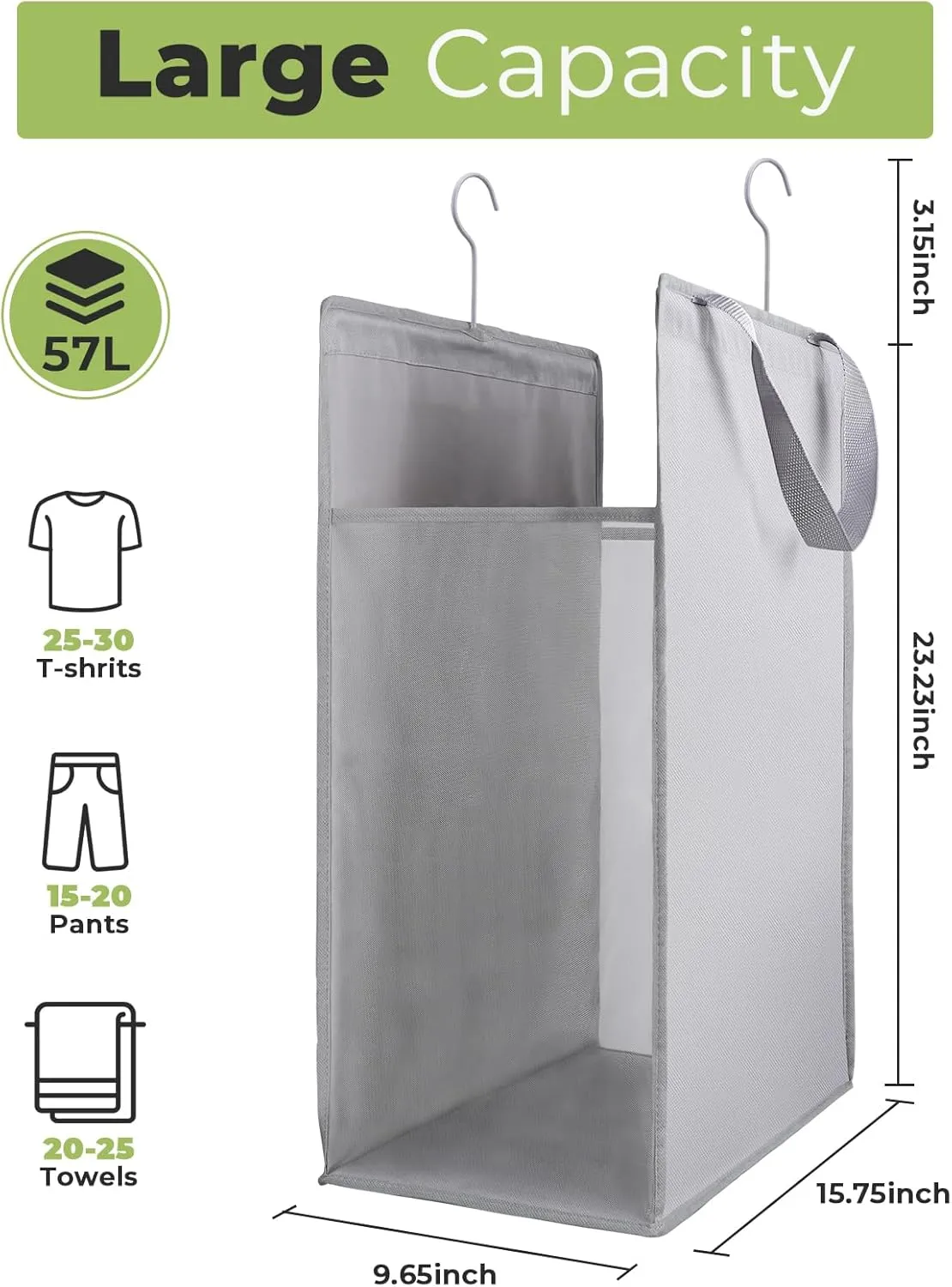 FENTEC Fentec Hanging Laundry Hamper, Hanging Laundry Basket, Slim Laundry Hamper Bag with Handles, Portable Hanging Closet Hamper, Mesh Heavy Duty Hanging Laundry Bag (Grey,1 Pack)