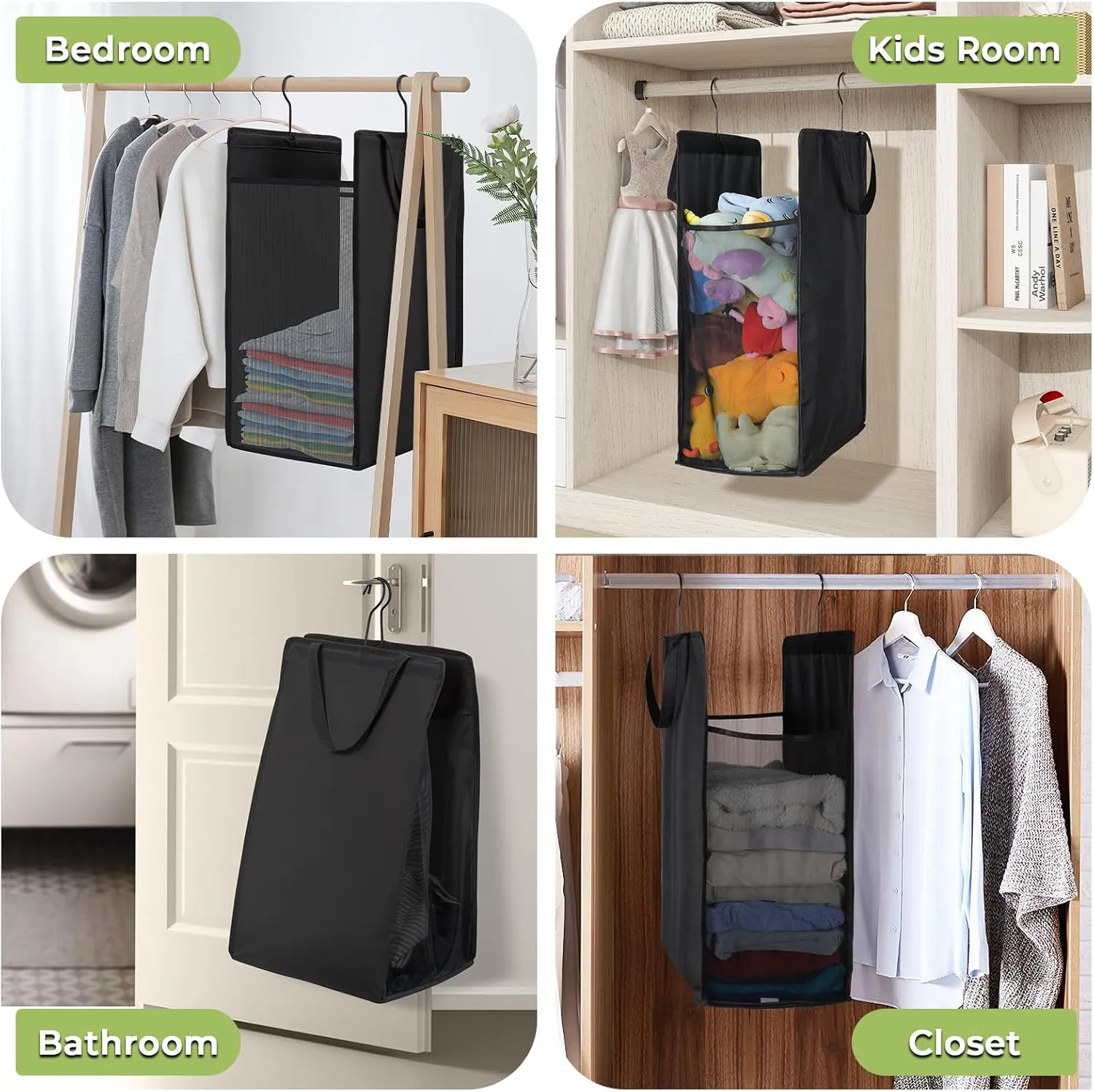 Fentec Hanging Laundry Hamper, Hanging Laundry Basket, Slim Laundry Hamper Bag with Handles, Portable Hanging Closet Hamper, Mesh Heavy Duty Hanging Laundry Bag (Black,1 Pack)