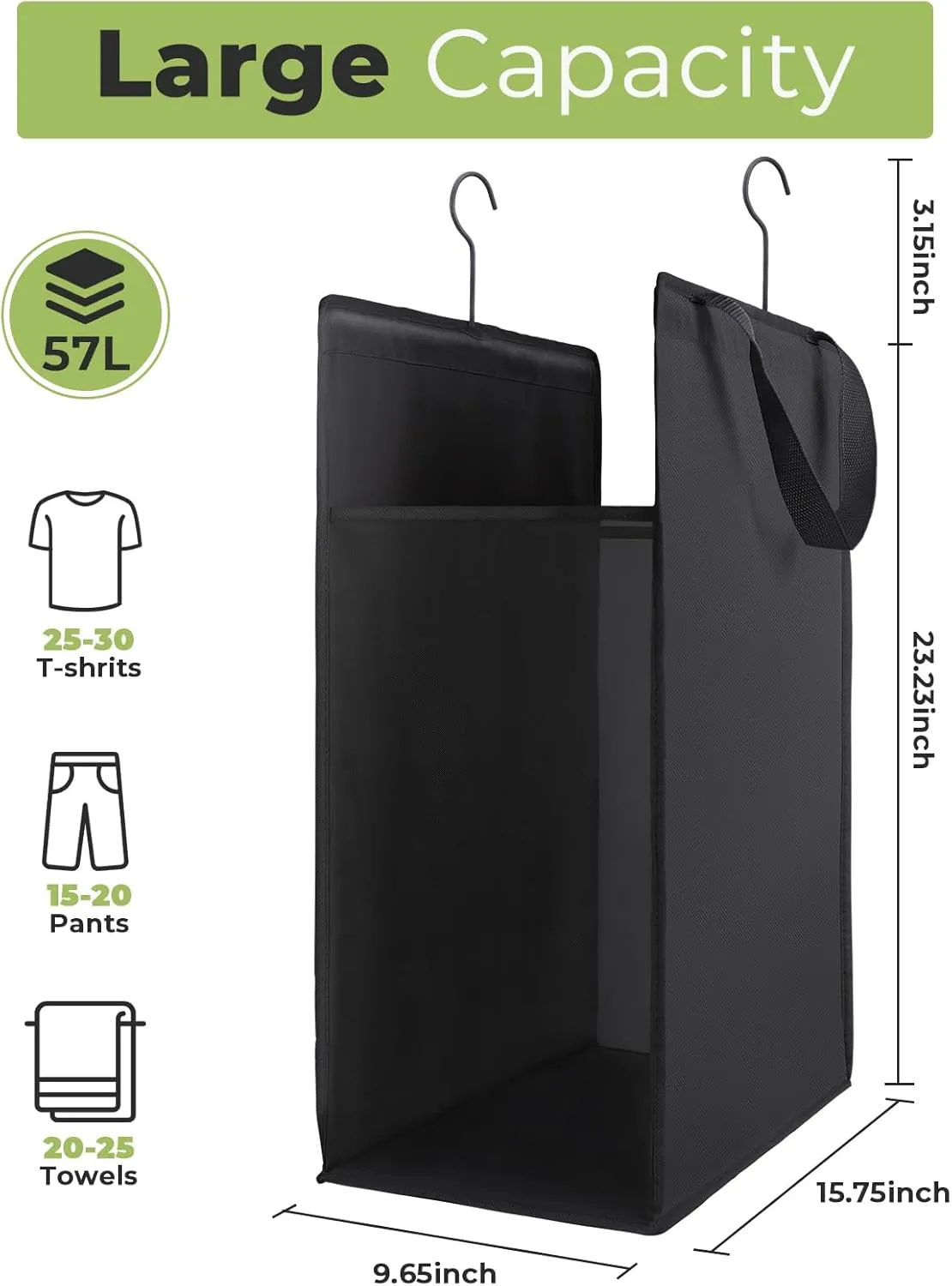 Fentec Hanging Laundry Hamper, Hanging Laundry Basket, Slim Laundry Hamper Bag with Handles, Portable Hanging Closet Hamper, Mesh Heavy Duty Hanging Laundry Bag (Black,1 Pack)