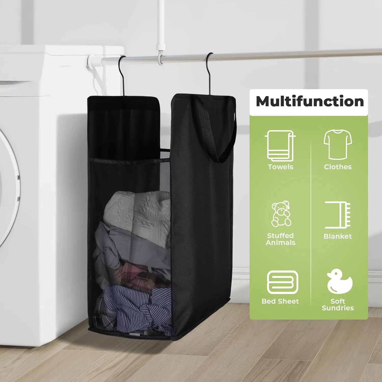 Fentec Hanging Laundry Hamper, Hanging Laundry Basket, Slim Laundry Hamper Bag with Handles, Portable Hanging Closet Hamper, Mesh Heavy Duty Hanging Laundry Bag (Black,1 Pack)