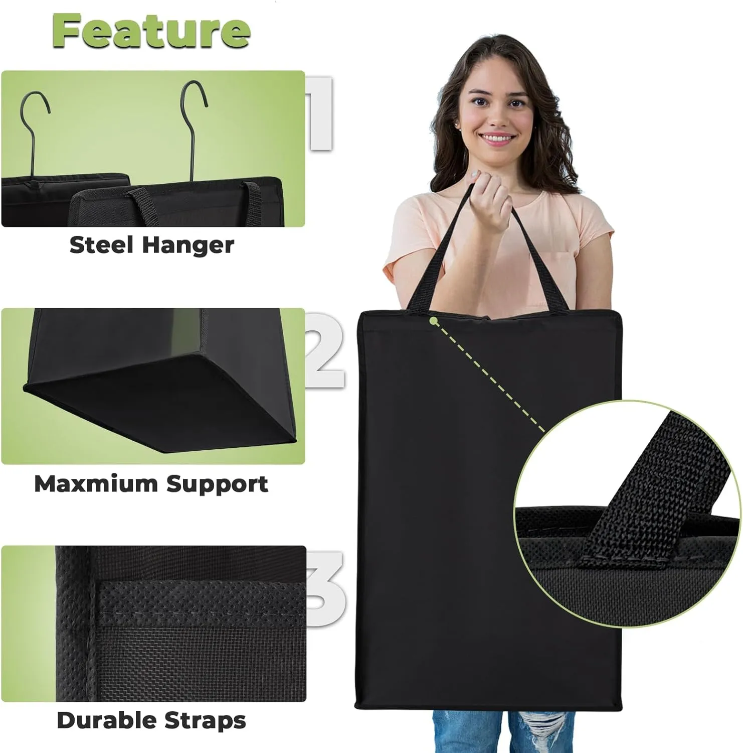 Fentec Hanging Laundry Hamper, Hanging Laundry Basket, Slim Laundry Hamper Bag with Handles, Portable Hanging Closet Hamper, Mesh Heavy Duty Hanging Laundry Bag (Black,1 Pack)