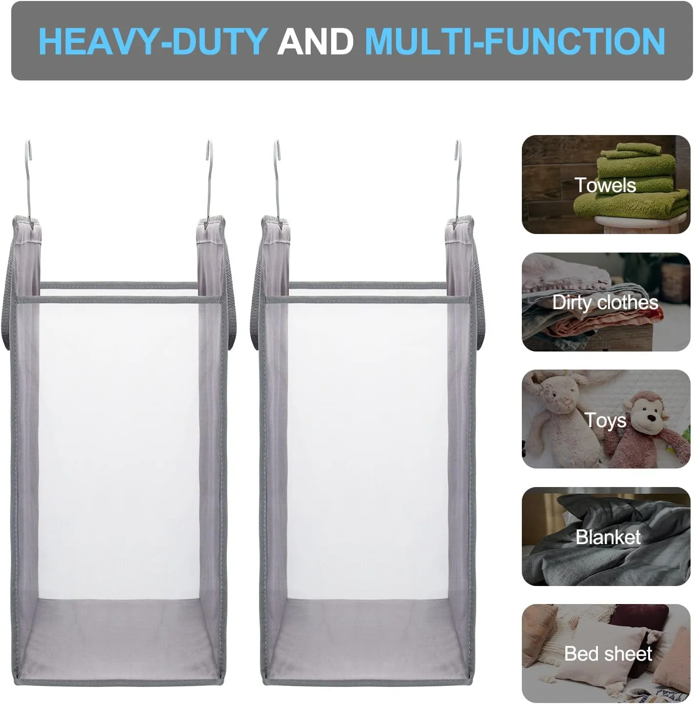 Fentec Hanging Laundry Hamper, Hanging Laundry Basket, Slim Laundry Hamper Bag with Handles, Portable Hanging Closet Hamper, Mesh Heavy Duty Hanging Laundry Bag Grey 2 Pack