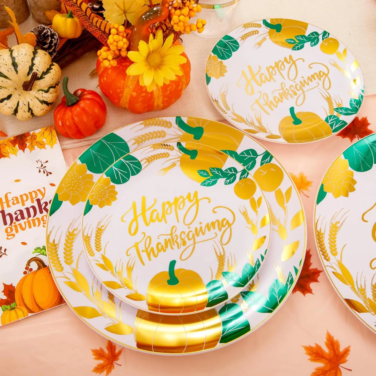 Festiva 176Pcs Thanksgiving Plates Heavy Duty- Fall Plastic Plates - Thanksgiving Disposable Dinnerware Set include 50Plates, 25Knives, 25Forks, 25Spoons, 25Cups, 25Napkins