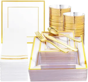 Festiva 350Pcs Clear Plastic Plates with Gold rim - Clear Gold Disposable Dinnerware for 50 Guests include 100 Square Plastic Plates 50Cups 50Cutlery 50Napkins Perfect for New Year Party&Wedding