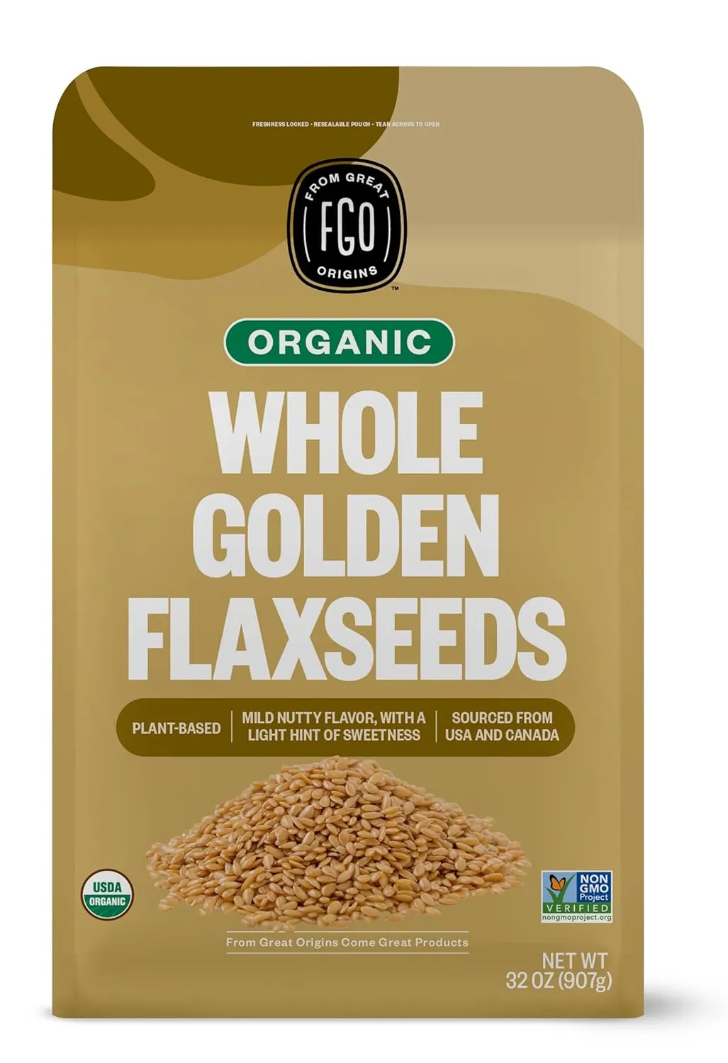FGO Organic Whole Golden Flax Seeds, 2 Pound / 32oz Bulk Resealable Pouch, For Baking, Cooking & Smoothies, Sproutable, Grown in USA & Canada (Pack of 1)